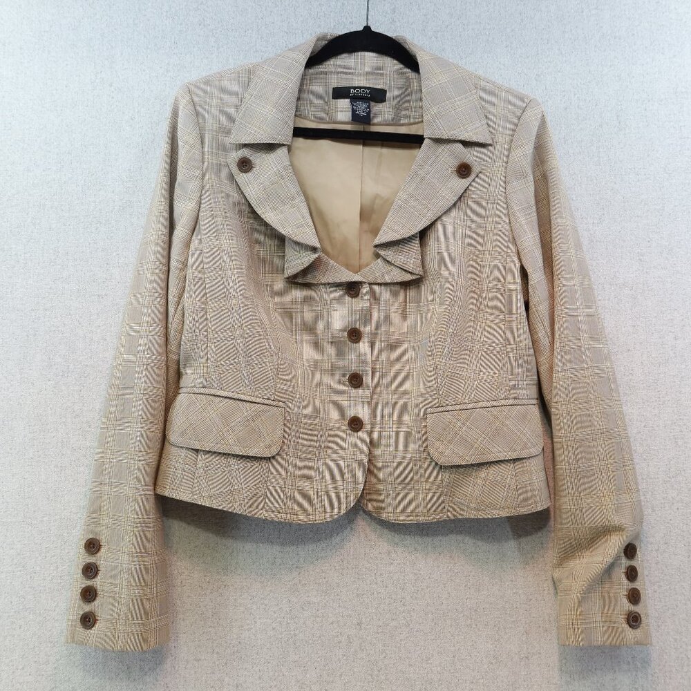 BODY by VICTORIA Tan Brown Micro-Plaid Cropped Blazer, Sz 12